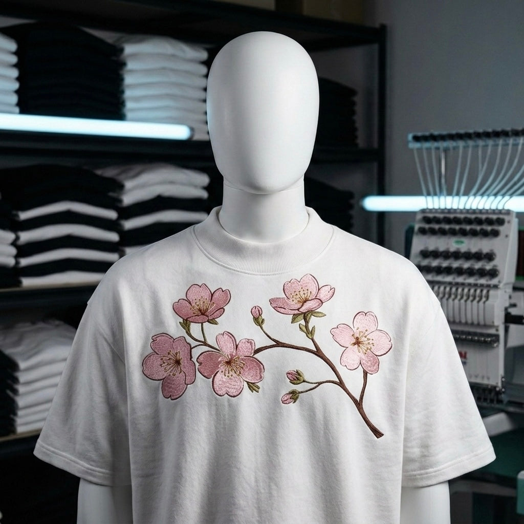 Punjabtees Pink Flower Embroidery off white oversized-Boxy style T-Shirt