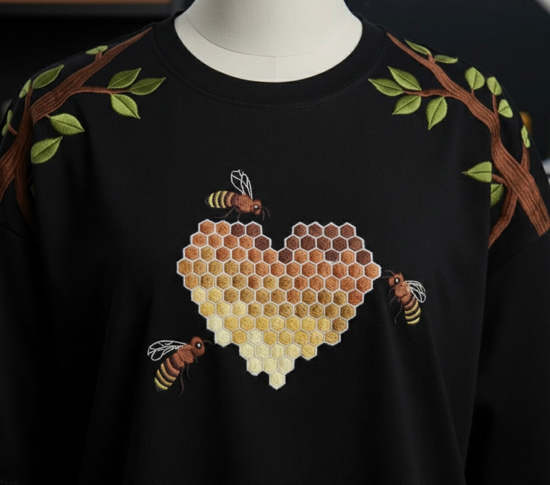 Punjabtees Bee heart🐝 Embroidery off white oversized-Boxy style T-Shirt