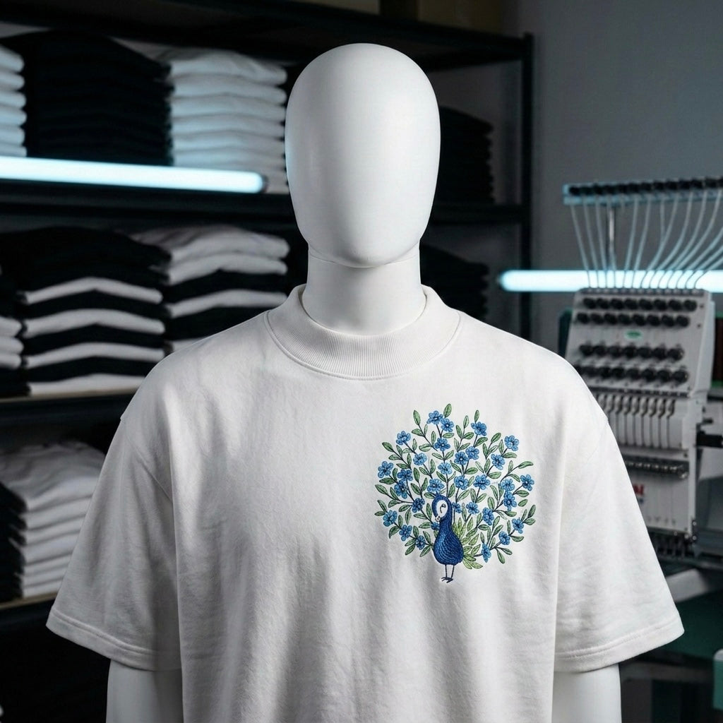 Punjabtees peacock Embroidery off white oversized-Boxy style T-Shirt
