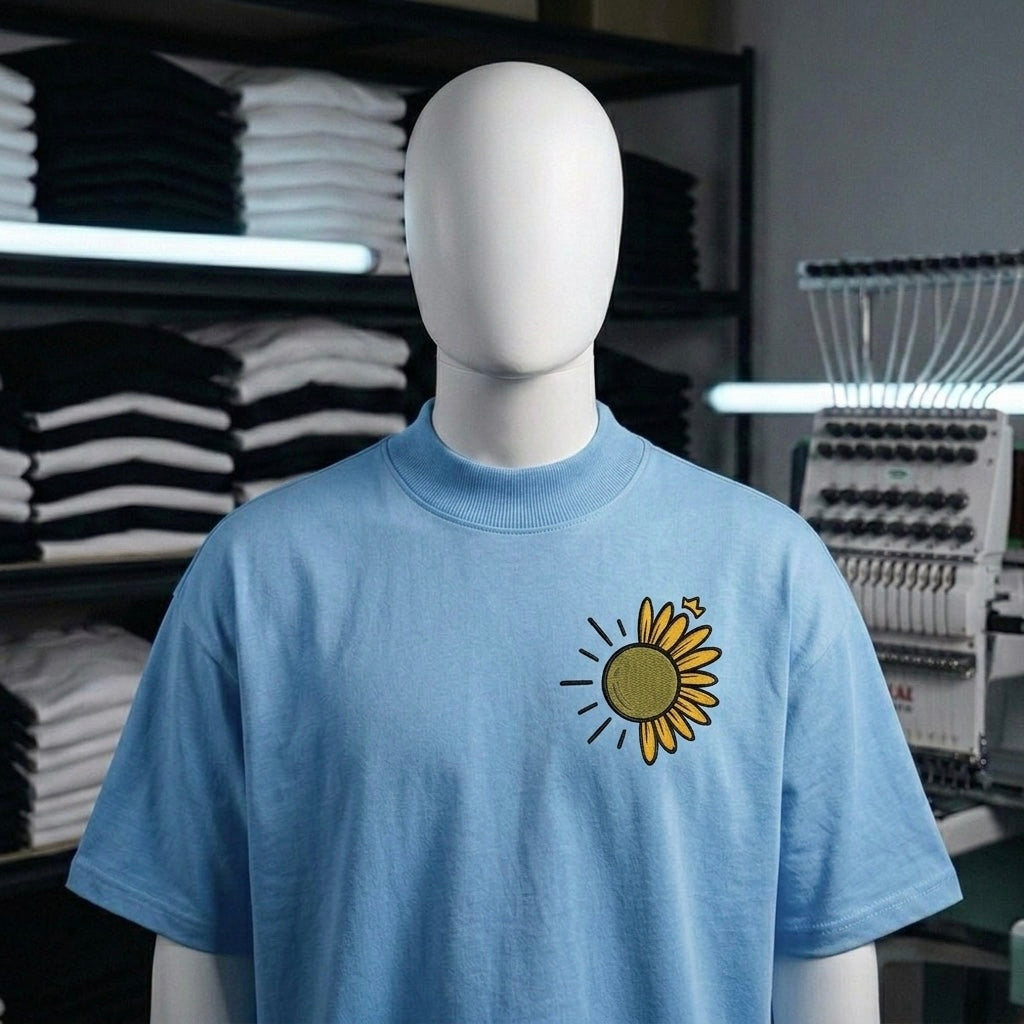 Punjabtees Sun Flower Embroidery Sky-Blue oversized-Boxy style T-Shirt