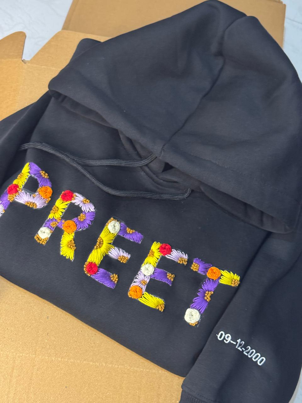 Floral Name Custom Embroidered Hoodie – White