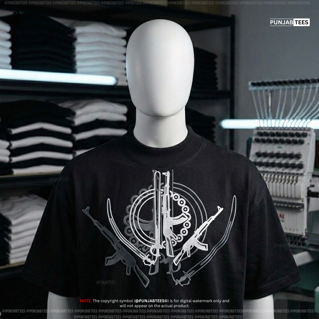 Punjabtees B&W Sikh Arms Embroidery Black oversized-Boxy style T-Shirt