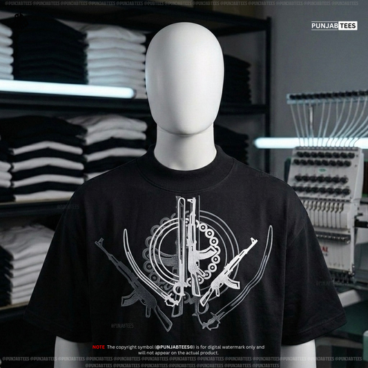 Punjabtees B&W Sikh Arms Embroidery Black oversized-Boxy style T-Shirt