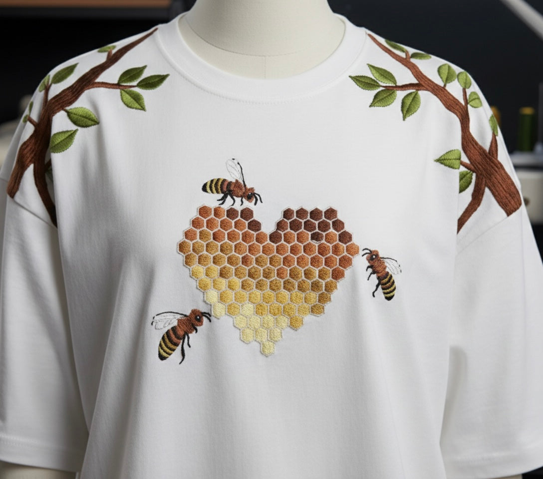 Punjabtees Bee heart🐝 Embroidery off white oversized-Boxy style T-Shirt