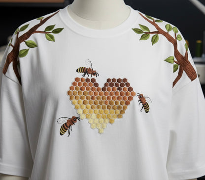 Punjabtees Bee heart🐝 Embroidery off white oversized-Boxy style T-Shirt