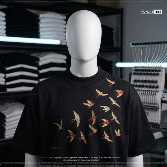 Punjabtees Flying Birds EMB Black T-Shirt