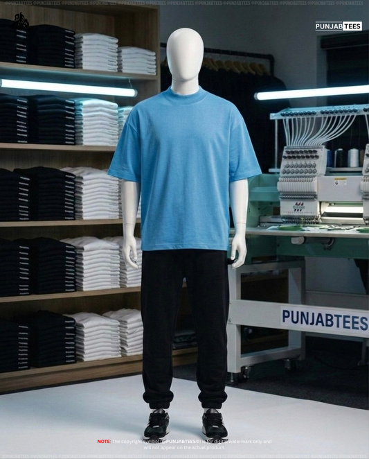 100% Cotten (280GSM) Punjabtees plain Sky-Blue T-Shirt With large Rib