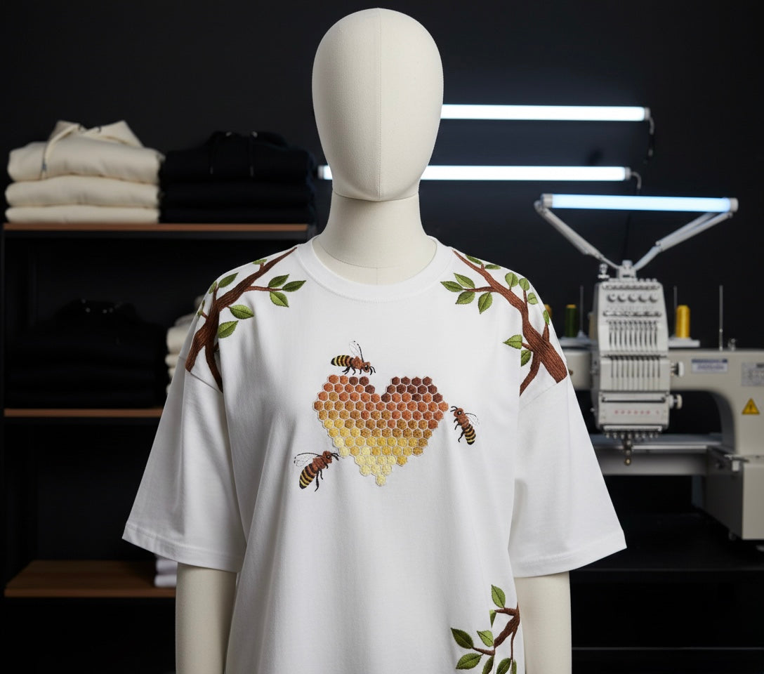Punjabtees Bee heart🐝 Embroidery off white oversized-Boxy style T-Shirt