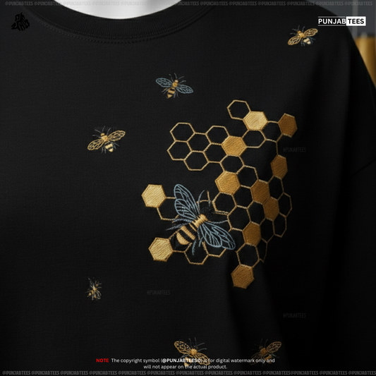 Punjabtees Bee nest🐝 Embroidery off white oversized-Boxy style T-Shirt