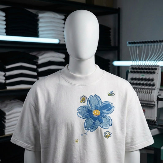 Punjabtees sky-blue Flower Embroidery off white oversized-Boxy style T-Shirt
