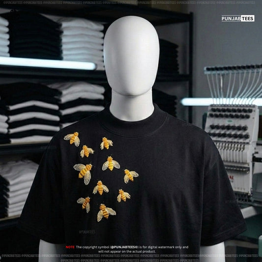Punjabtees Bee 🐝 Embroidery off white oversized-Boxy style T-Shirt