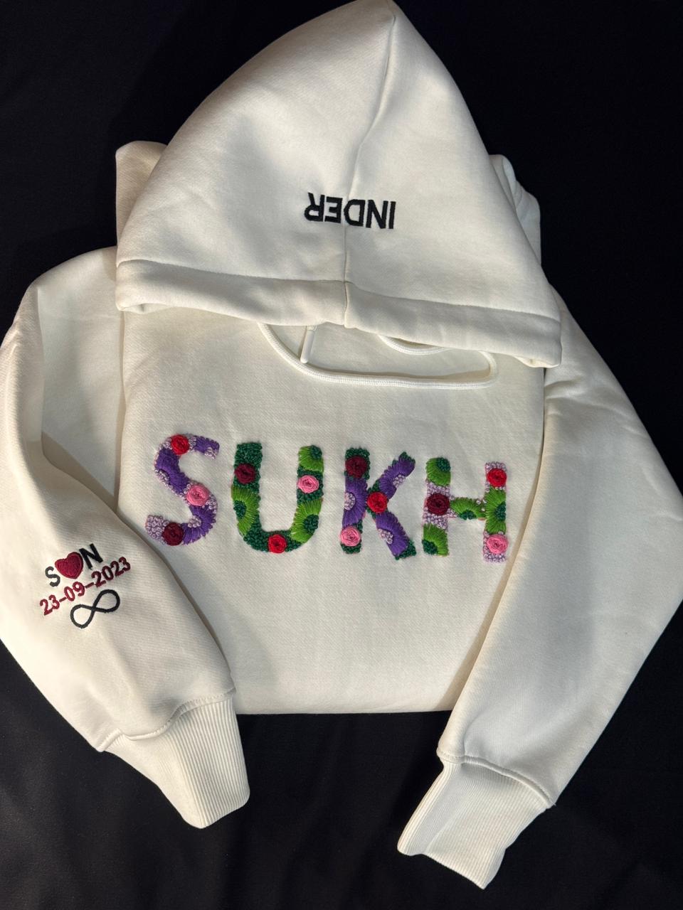 Floral Name Custom Embroidered Hoodie – White